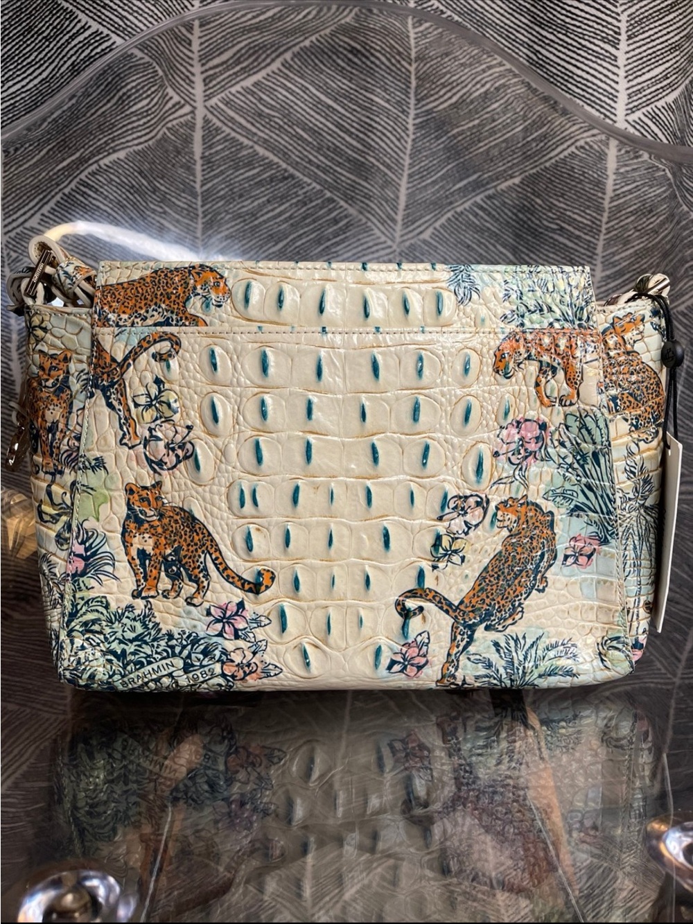Brahmin Cream Tropical Croc-Embossed Crossbody with Teal & Orange Accents - Picture 5 of 11